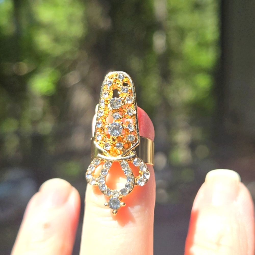 Ornate Gold Vintage-Style Nail Ring Crown with Intricate Stonework